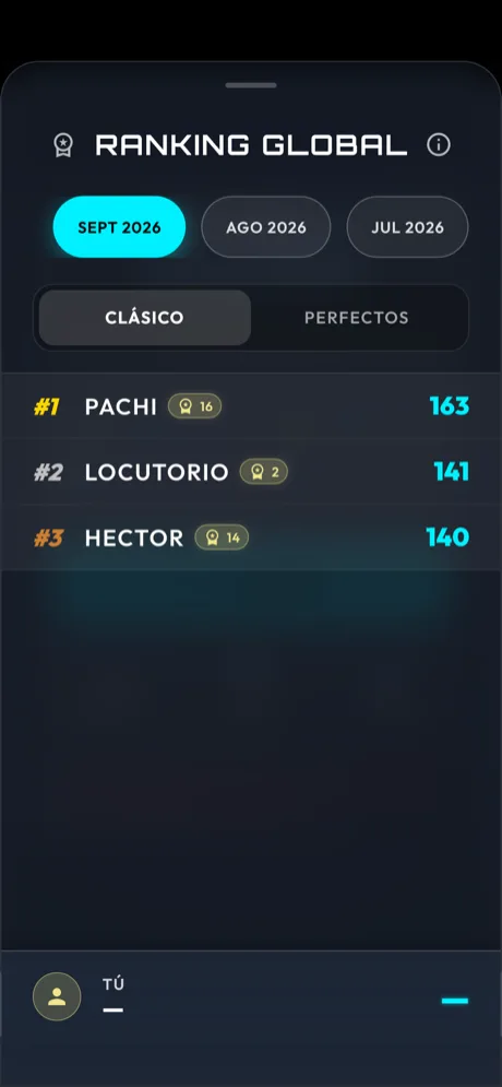 Global ranking screen with the top players of the season